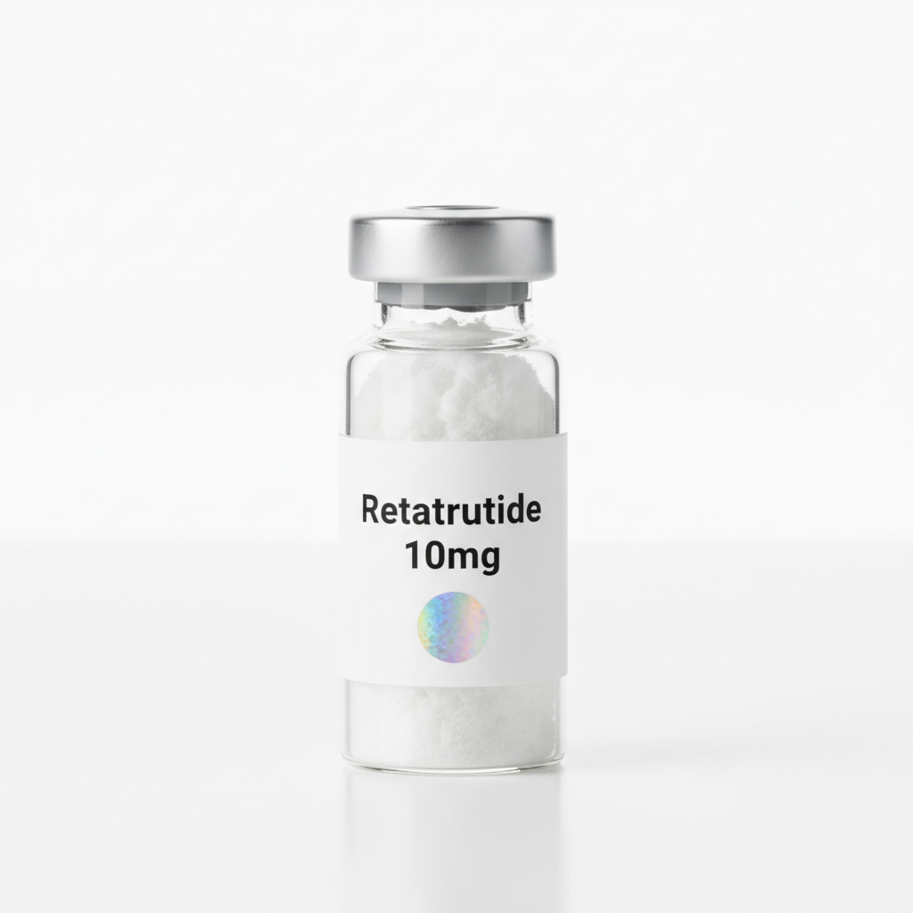 Retatrutide 10mg research peptide vial with lyophilized white powder
