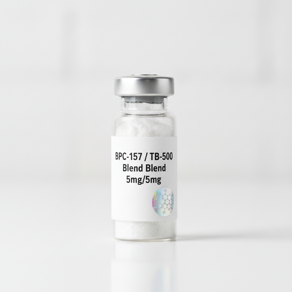 BPC-157 / TB-500 Blend 5mg/5mg research peptide vial with lyophilized white powder